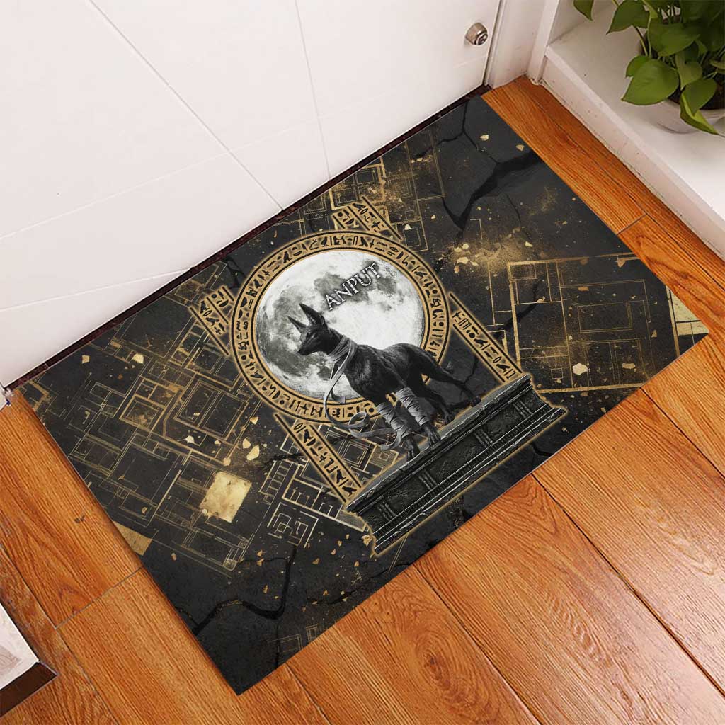 Anput Jackal Mask Rubber Doormat with Full Moon Egyptian Afterlife Symbolism