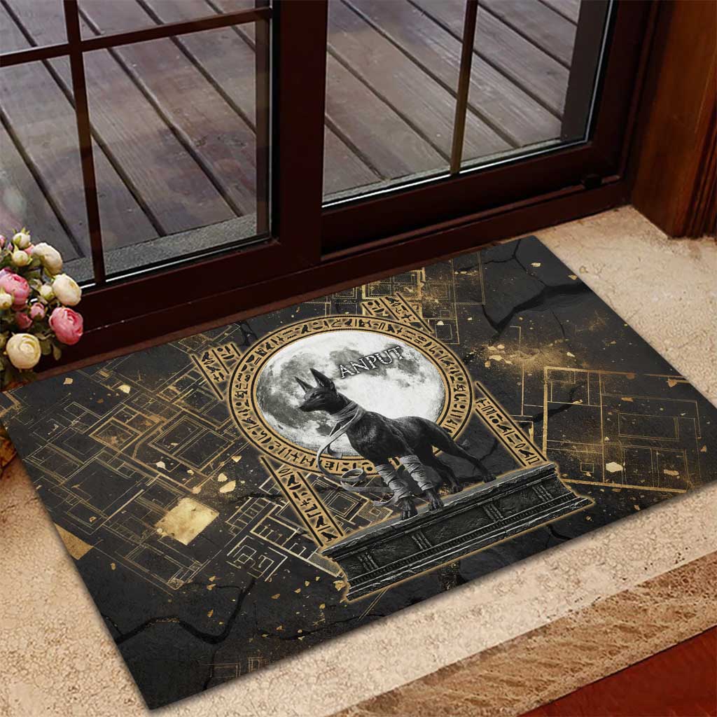 Anput Jackal Mask Rubber Doormat with Full Moon Egyptian Afterlife Symbolism