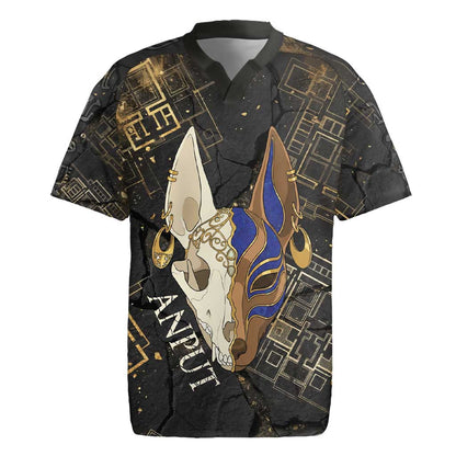 Anput Jackal Mask Rugby Jersey with Full Moon Egyptian Afterlife Symbolism
