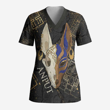 Anput Jackal Mask Scrub Top with Full Moon Egyptian Afterlife Symbolism
