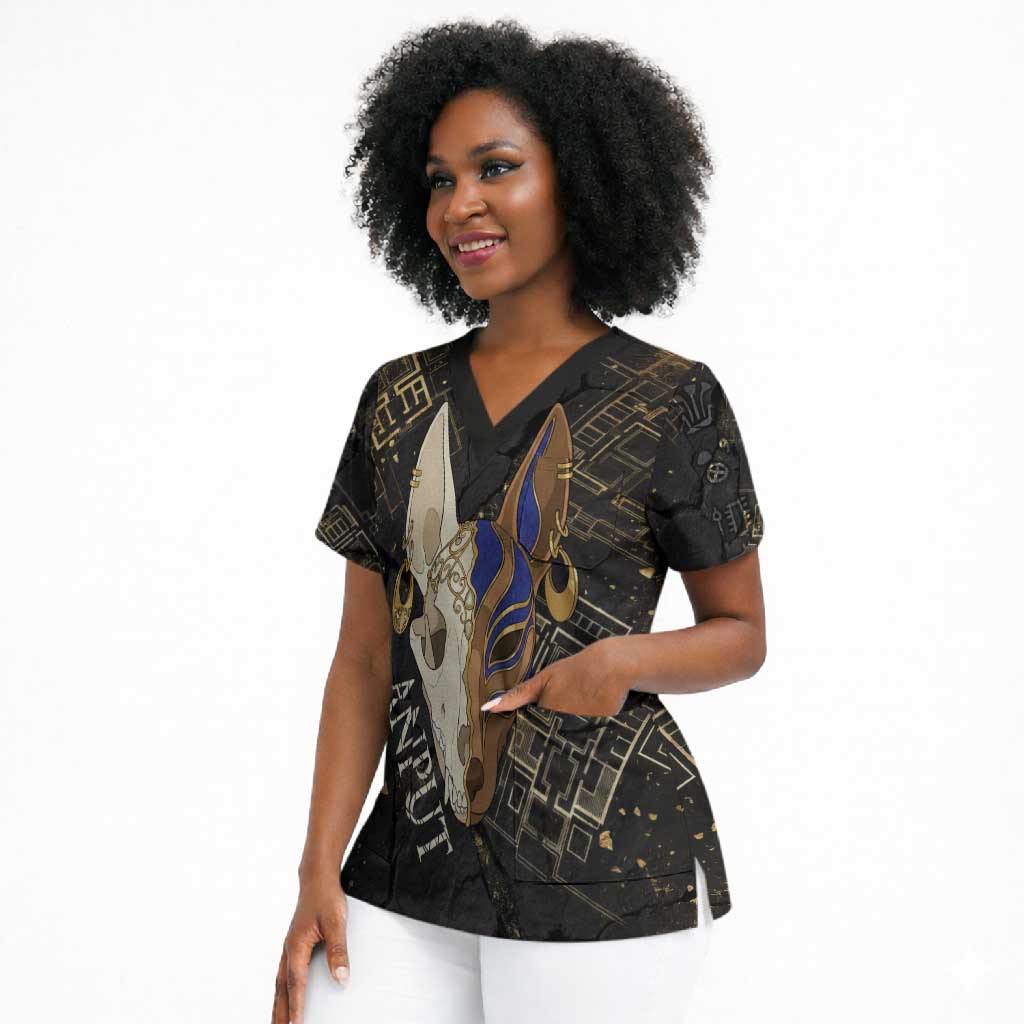 Anput Jackal Mask Scrub Top with Full Moon Egyptian Afterlife Symbolism