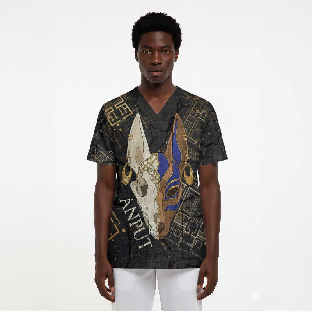 Anput Jackal Mask Scrub Top with Full Moon Egyptian Afterlife Symbolism