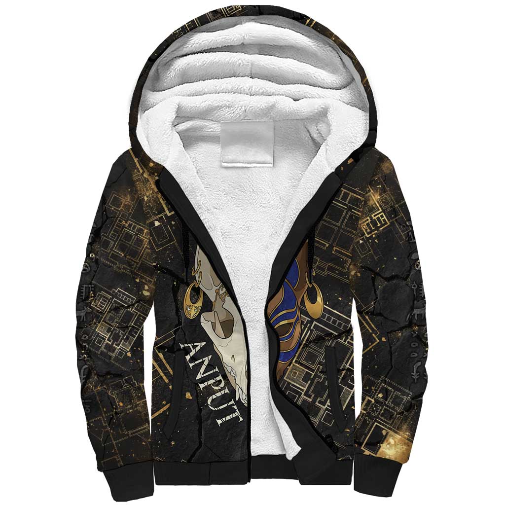 Anput Jackal Mask Sherpa Hoodie with Full Moon Egyptian Afterlife Symbolism