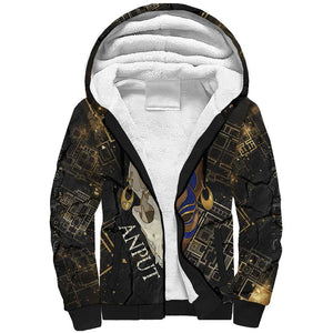 Anput Jackal Mask Sherpa Hoodie with Full Moon Egyptian Afterlife Symbolism