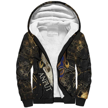 Anput Jackal Mask Sherpa Hoodie with Full Moon Egyptian Afterlife Symbolism