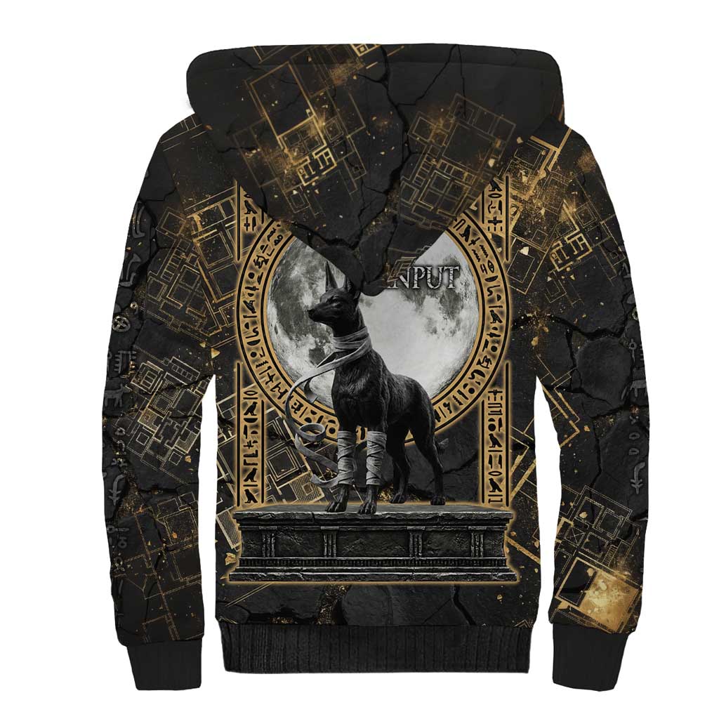 Anput Jackal Mask Sherpa Hoodie with Full Moon Egyptian Afterlife Symbolism