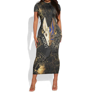 Anput Jackal Mask Short Sleeve Bodycon Dress with Full Moon Egyptian Afterlife Symbolism