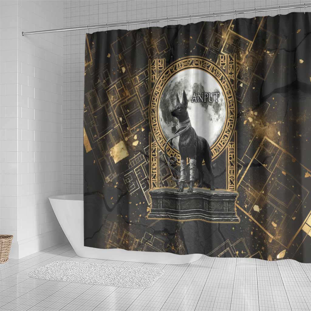 Anput Jackal Mask Shower Curtain with Full Moon Egyptian Afterlife Symbolism