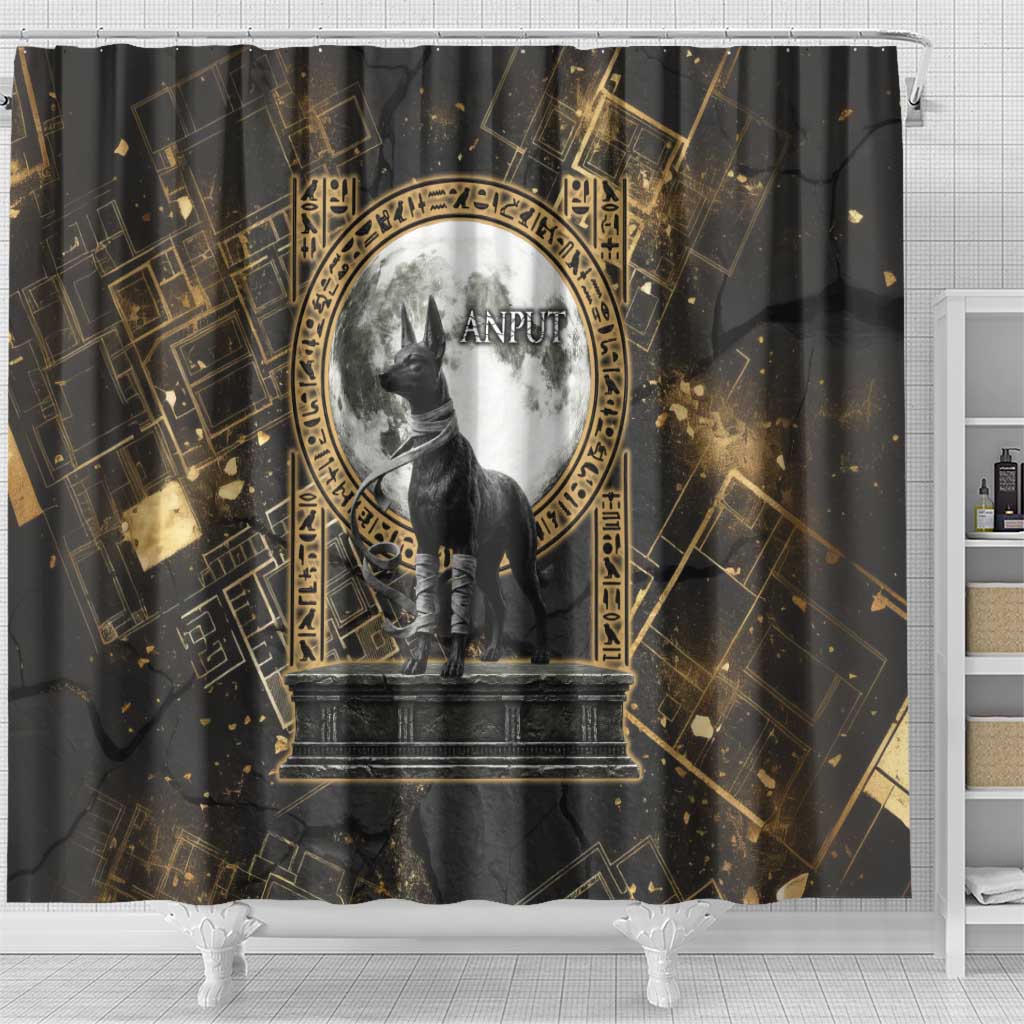 Anput Jackal Mask Shower Curtain with Full Moon Egyptian Afterlife Symbolism