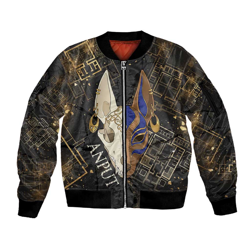 Anput Jackal Mask Sleeve Zip Bomber Jacket with Full Moon Egyptian Afterlife Symbolism