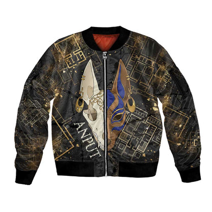 Anput Jackal Mask Sleeve Zip Bomber Jacket with Full Moon Egyptian Afterlife Symbolism