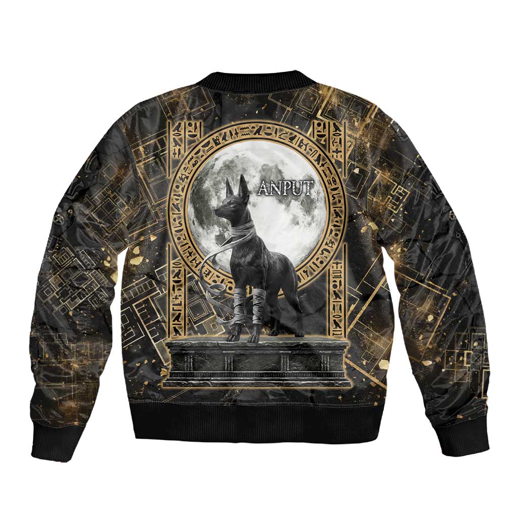 Anput Jackal Mask Sleeve Zip Bomber Jacket with Full Moon Egyptian Afterlife Symbolism