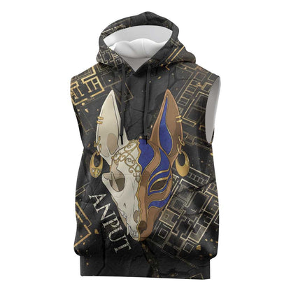 Anput Jackal Mask Sleeveless Hoodie with Full Moon Egyptian Afterlife Symbolism
