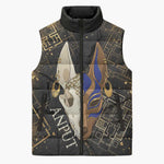 Anput Jackal Mask Sleeveless Puffer Jacket with Full Moon Egyptian Afterlife Symbolism