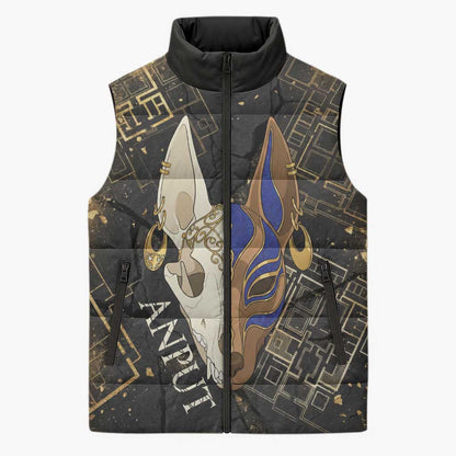 Anput Jackal Mask Sleeveless Puffer Jacket with Full Moon Egyptian Afterlife Symbolism