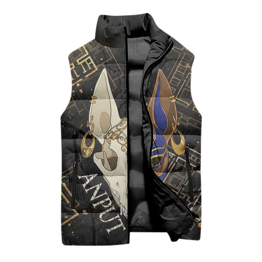 Anput Jackal Mask Sleeveless Puffer Jacket with Full Moon Egyptian Afterlife Symbolism
