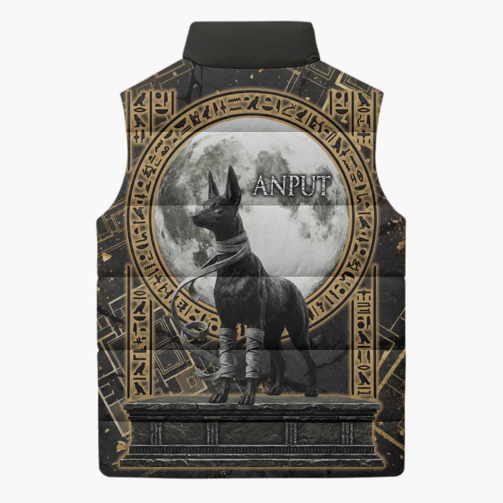 Anput Jackal Mask Sleeveless Puffer Jacket with Full Moon Egyptian Afterlife Symbolism