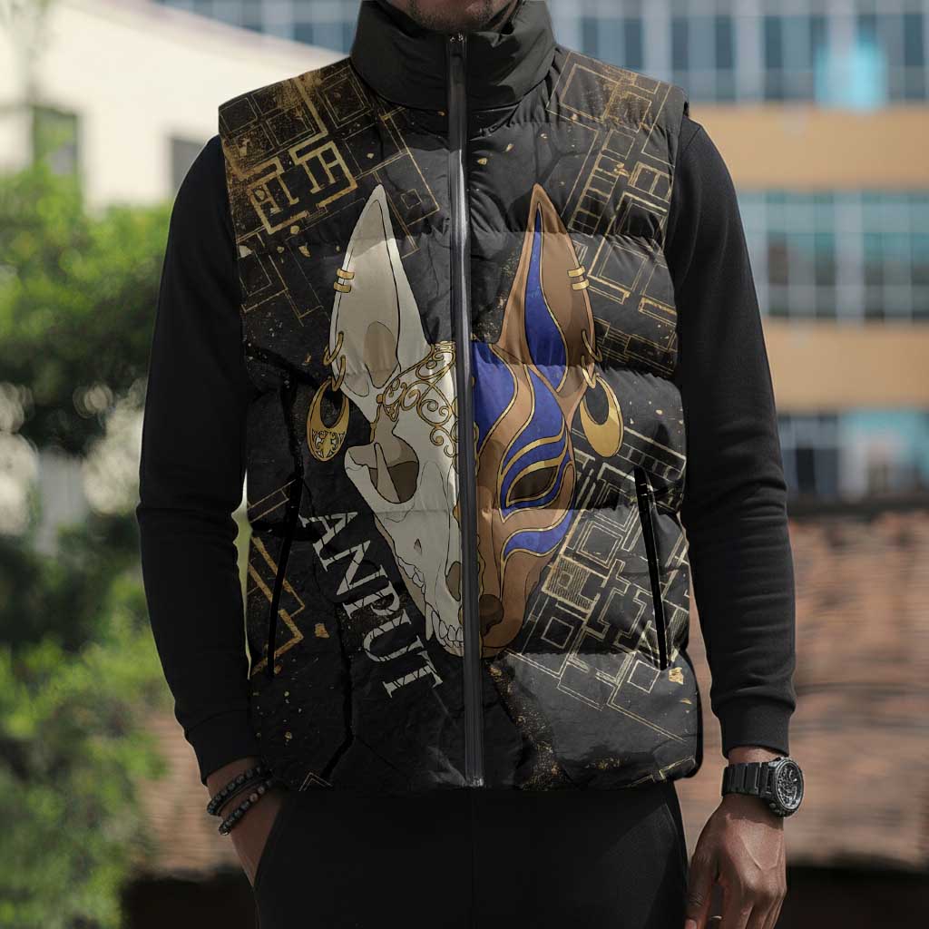 Anput Jackal Mask Sleeveless Puffer Jacket with Full Moon Egyptian Afterlife Symbolism
