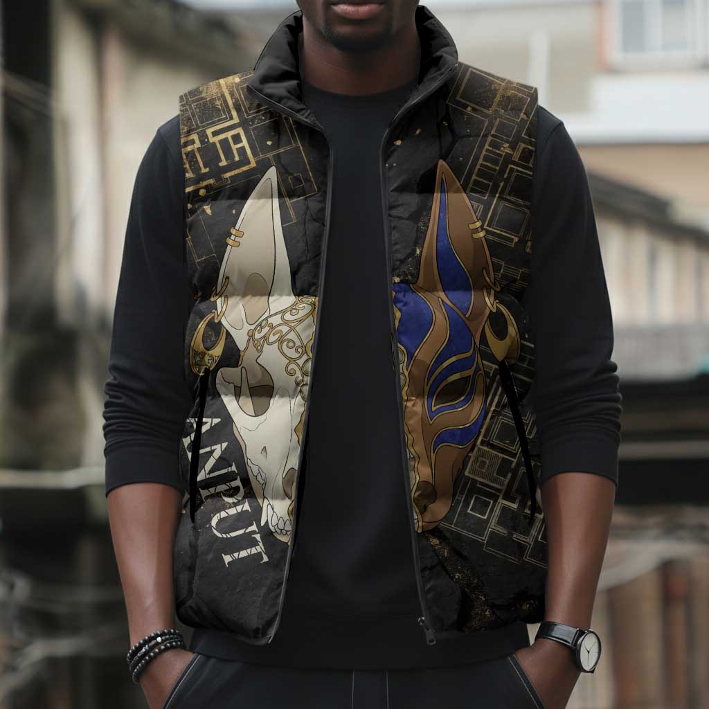 Anput Jackal Mask Sleeveless Puffer Jacket with Full Moon Egyptian Afterlife Symbolism