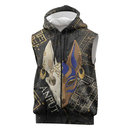 Anput Jackal Mask Sleeveless Zip Hoodie with Full Moon Egyptian Afterlife Symbolism