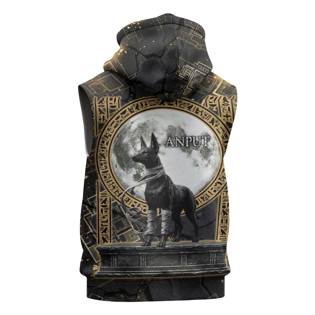Anput Jackal Mask Sleeveless Zip Hoodie with Full Moon Egyptian Afterlife Symbolism