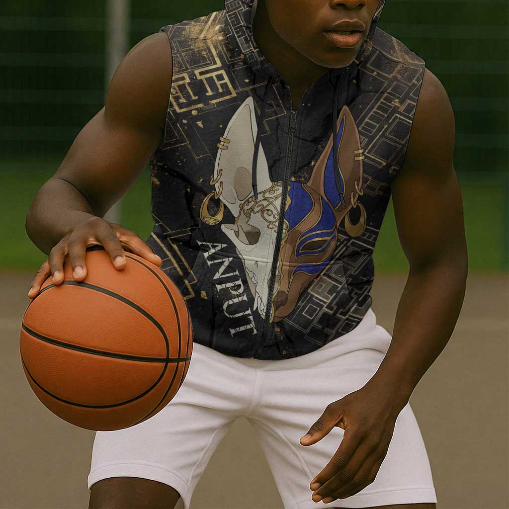 Anput Jackal Mask Sleeveless Zip Hoodie with Full Moon Egyptian Afterlife Symbolism
