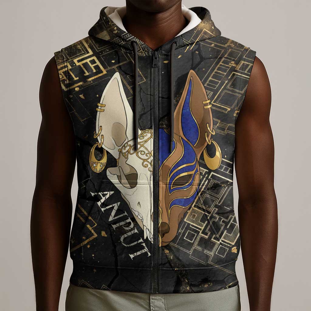 Anput Jackal Mask Sleeveless Zip Hoodie with Full Moon Egyptian Afterlife Symbolism