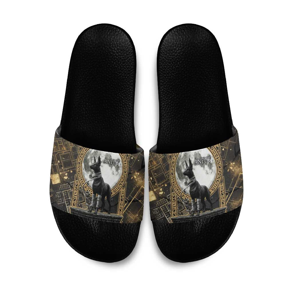 Anput Jackal Mask Slide Sandals with Full Moon Egyptian Afterlife Symbolism