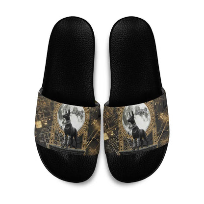 Anput Jackal Mask Slide Sandals with Full Moon Egyptian Afterlife Symbolism