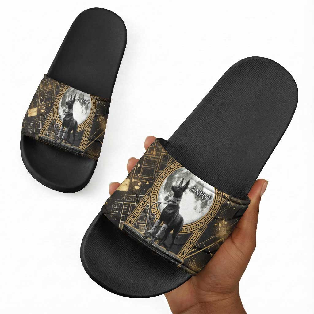 Anput Jackal Mask Slide Sandals with Full Moon Egyptian Afterlife Symbolism