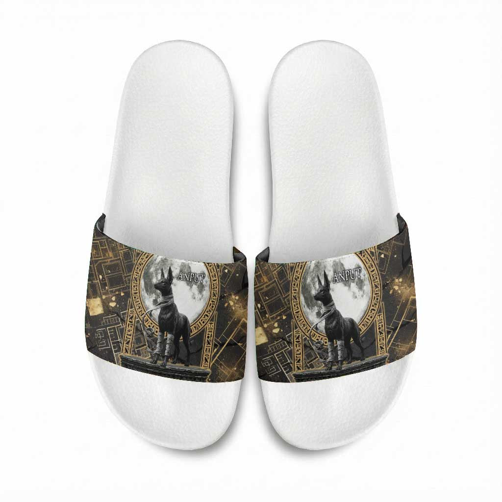 Anput Jackal Mask Slide Sandals with Full Moon Egyptian Afterlife Symbolism