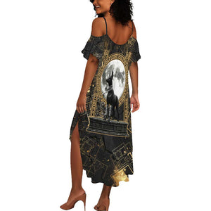 Anput Jackal Mask Summer Maxi Dress with Full Moon Egyptian Afterlife Symbolism