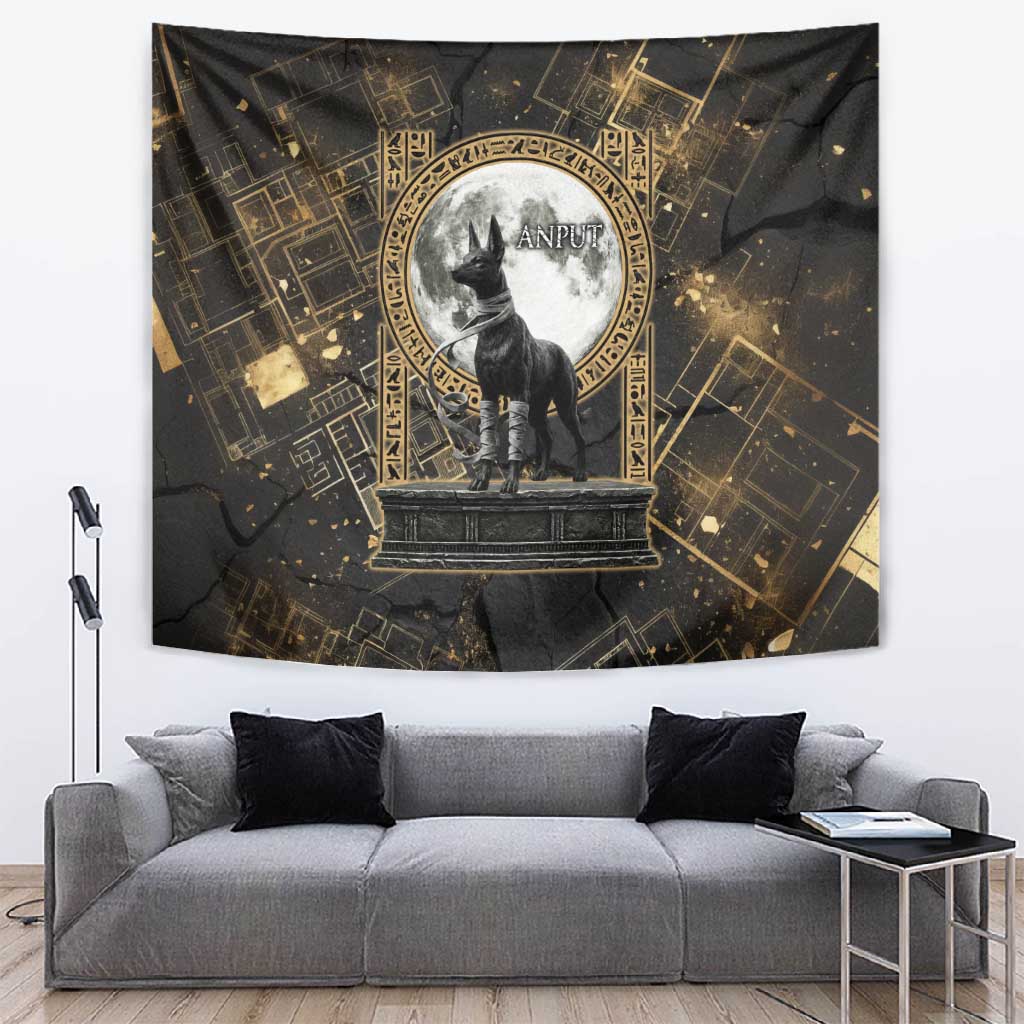 Anput Jackal Mask Tapestry with Full Moon Egyptian Afterlife Symbolism