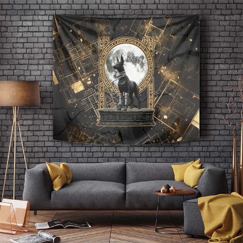 Anput Jackal Mask Tapestry with Full Moon Egyptian Afterlife Symbolism