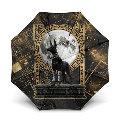 Anput Jackal Mask Umbrella with Full Moon Egyptian Afterlife Symbolism