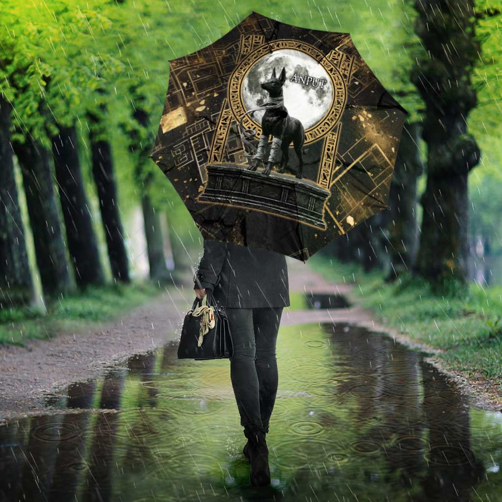 Anput Jackal Mask Umbrella with Full Moon Egyptian Afterlife Symbolism