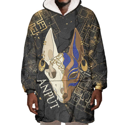 Anput Jackal Mask Wearable Blanket Hoodie with Full Moon Egyptian Afterlife Symbolism