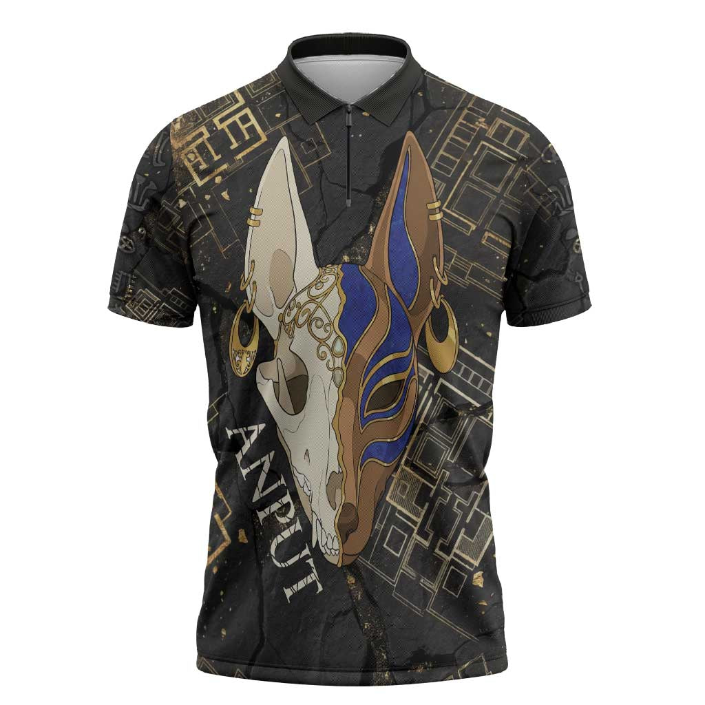 Anput Jackal Mask Zipper Polo Shirt with Full Moon Egyptian Afterlife Symbolism