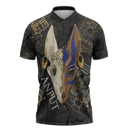 Anput Jackal Mask Zipper Polo Shirt with Full Moon Egyptian Afterlife Symbolism