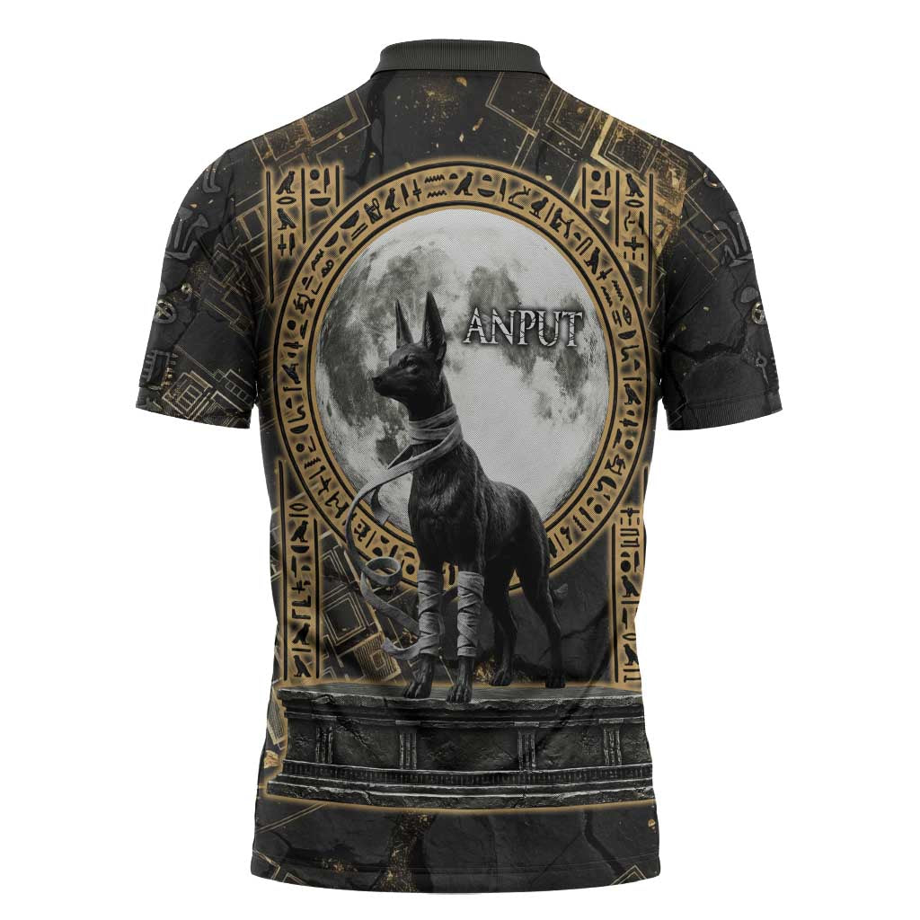 Anput Jackal Mask Zipper Polo Shirt with Full Moon Egyptian Afterlife Symbolism