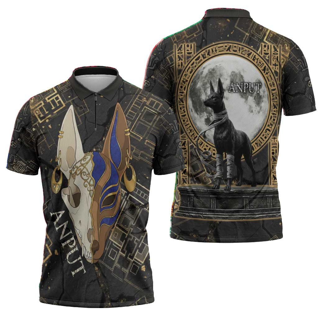 Anput Jackal Mask Zipper Polo Shirt with Full Moon Egyptian Afterlife Symbolism