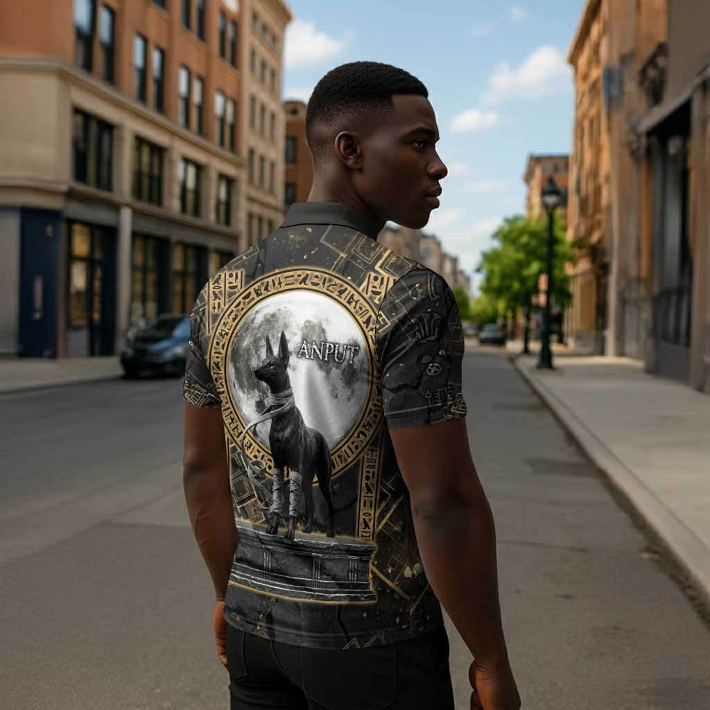 Anput Jackal Mask Zipper Polo Shirt with Full Moon Egyptian Afterlife Symbolism