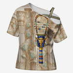Hathor Cross Shoulder Shirt with Sacred Cow Head Egyptian Fertility Symbolism