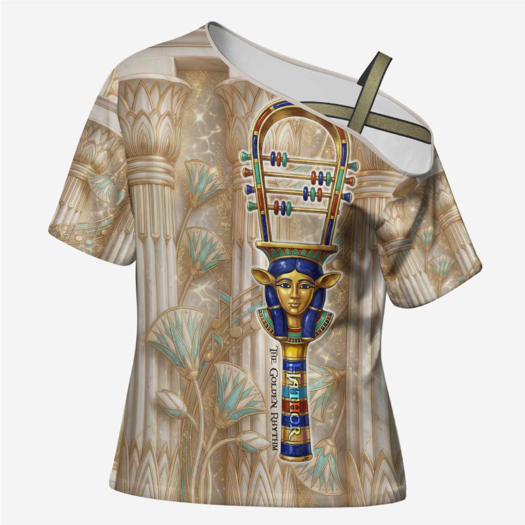 Hathor Cross Shoulder Shirt with Sacred Cow Head Egyptian Fertility Symbolism