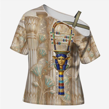 Hathor Cross Shoulder Shirt with Sacred Cow Head Egyptian Fertility Symbolism