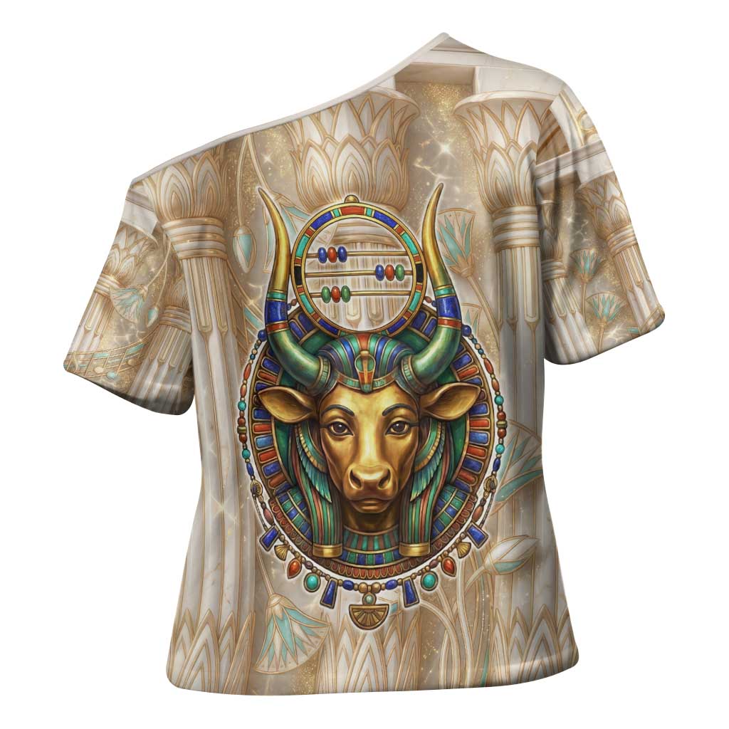 Hathor Cross Shoulder Shirt with Sacred Cow Head Egyptian Fertility Symbolism