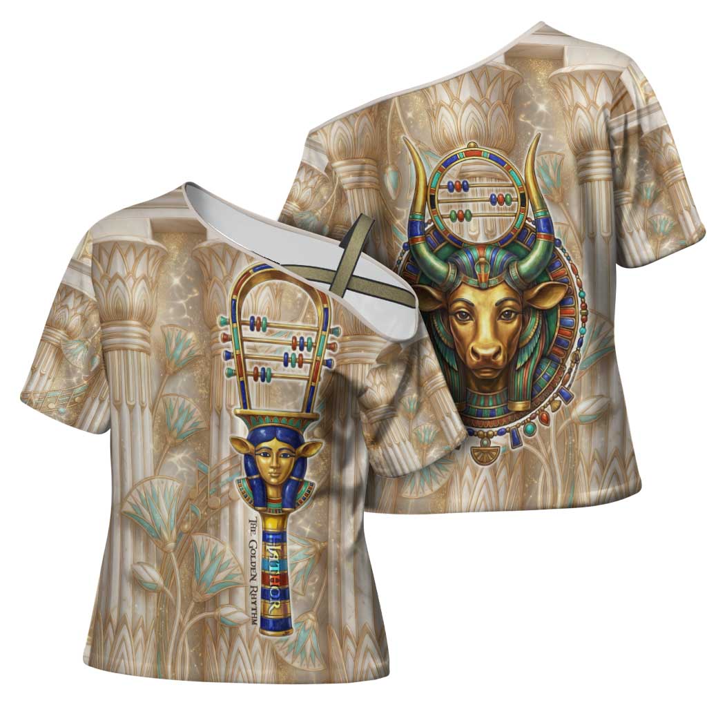 Hathor Cross Shoulder Shirt with Sacred Cow Head Egyptian Fertility Symbolism