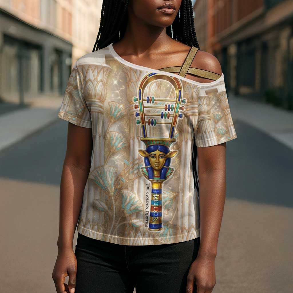 Hathor Cross Shoulder Shirt with Sacred Cow Head Egyptian Fertility Symbolism
