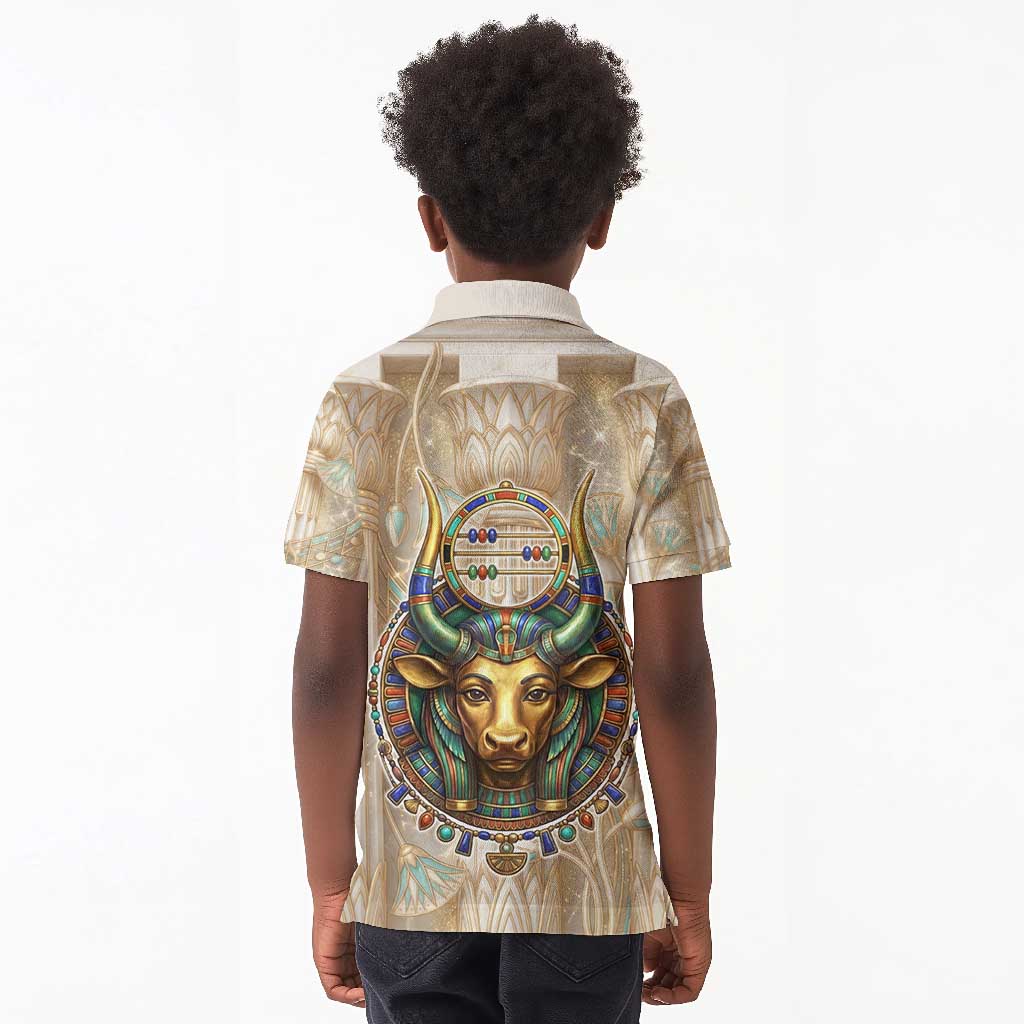 Hathor Kid Polo Shirt with Sacred Cow Head Egyptian Fertility Symbolism