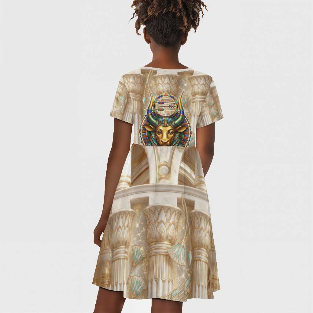 Hathor Kid Short Sleeve Dress with Sacred Cow Head Egyptian Fertility Symbolism